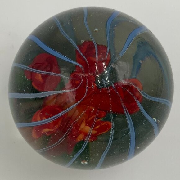 Round Clear Art Glass PAPERWEIGHT Orange Flower Inside With Blue Stripes - Picture 4 of 9